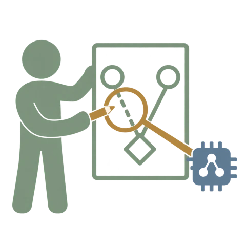 A person holds their own decision argument and revises a tentative reasoning link with a pencil, while an AI-assisted lens helps examine that link.