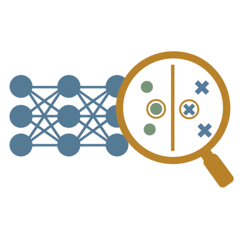 A magnifying glass over a neural network reveals a separating boundary and highlighted support examples nearest it.